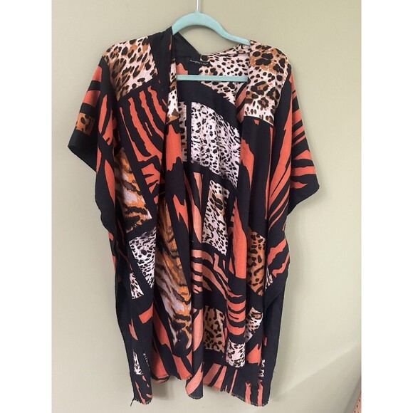 Anthropologie Do Everything In Love Kimono Duster Red Orange Chevron Fringe Open - Picture 1 of 10